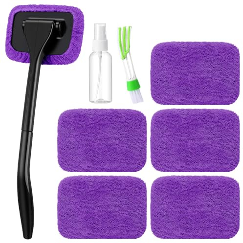 FoldTier 8 Pcs Car Windshield Cleaner Tool Kit with Removable Handle, Microfiber Towel Pads, Brush, Empty Spray Bottle for Auto Glass Wiper Suvs Rvs & Home Windows(Purple)