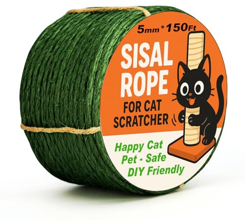 Green Sisal Rope for Cat Tree and Scratching Post 5mm 1/5 Inch, 150 Feet