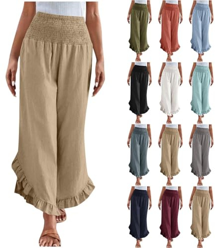 Yolimok Cropped Trousers for Women UK Elasticated High Waisted Ladies Wide Leg Linen Trousers Barrel Leg Baggy Yoga Pants with Ruffled Slit Lounge Trendy Airport Beach Holiday Workout Pants