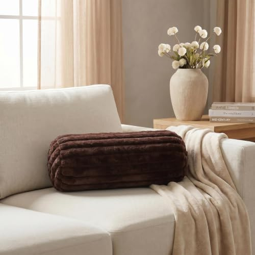 OHS Bolster Pillow Faux Fur Ribbed Cylinder Pillow Yoga Bolster, Brown | Neck Roll Pillows for Sleeping Armrest & Head Support Soft Cosy Bolster Cushions for Sofa Bed