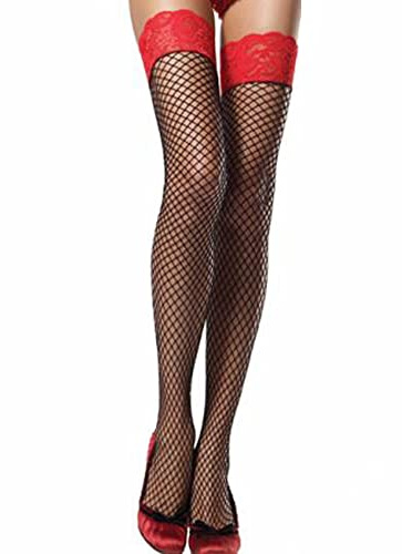 Yummy Bee - Bas Resille pour Porte Jarretelle - Bas Femme Noir avec Dentelle Rouge