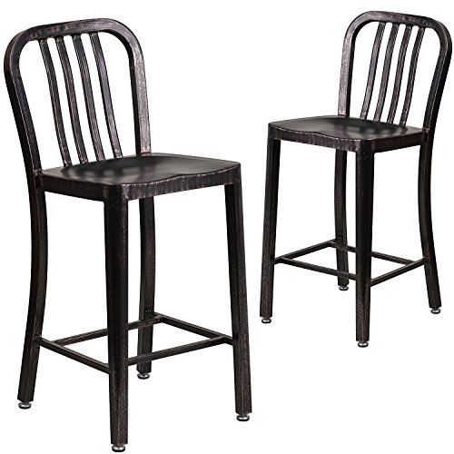 Flash Furniture Stuhl für den Außenbereich, verzinkter Stahl, Schwarz/Antikgold, 48,3 x 40 x 92,1 cm