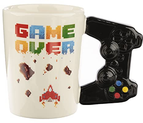 Puckator Mug à Anse Décorée Game Over - Imprimé Jeu Vidéo Pixellisé, Blanc.