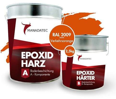 MANADATEC 2k Epoxidharz Bodenbeschichtung 2,5kg I RAL 2009 Verkehrsorange I Lösemittelfrei, Umweltfreundlich & Geruchsneutral I Beschichtung für Garagen- & Kellerböden I Hohe Schlagfestigkeit