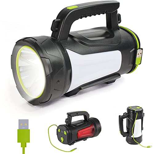 Fishtec - Lampe torche LED 1000 lumens - Portée 1 km - 3 modes blanc/rouge COB - Rechargeable USB - Fonction batterie externe - Compacte avec bandoulière - Idéale camping, travaux, sécurité