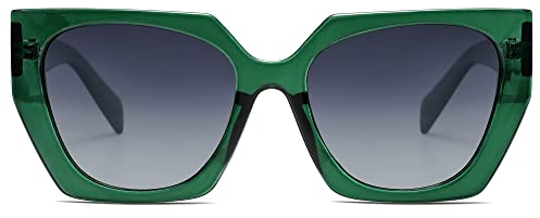 SOJOS Sonnenbrille Damen Polarisiert Vintage, Retro Cateye Sonnenbrille Verspiegelt Groß Eckig Schwarz Modern UV400 Katzenauge Brille SJ2205 mit Grün Rahmen/Grau Linse