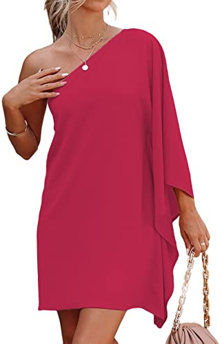 Jhsnjnr Women's Casual Cocktail Dress Sexy One Shoulder Mini Dress Summer Vacation Beach Dresses Rose Red