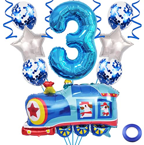 Weenkeey 3rd Train Birthday Balloons Train Balloon 3rd Birthday Decor Giant Train Aluminum Foilballoon Number 3 Mylar Balloon for Railroad Party Boys Birthday Decor - Blue
