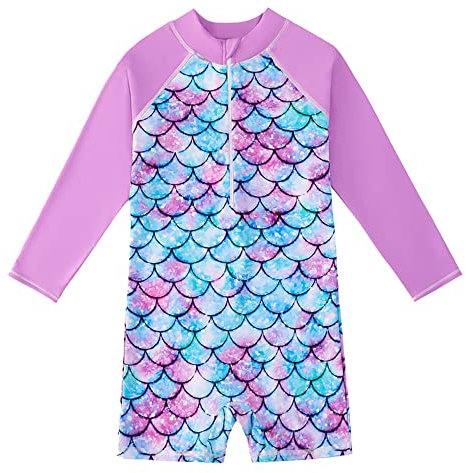 Sinoeem Mädchen Schwimmanzug Einteiler Badebekleidung Sonnenschutz Bademode Kinder Langarm Badeanzug (Lila, 5-6 Jahre)