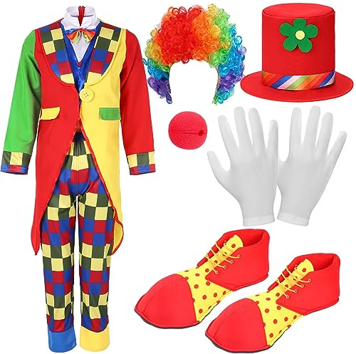 Yahenda 7 Pcs Circus Clown Costume Set Halloween Rainbow Wig Hat Nose, 2XL