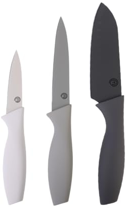 MasterChef Cuchillos Cocina, Set Cuchillo de Chef por Verduras, Carne y Pelar, Acero Inoxidable, Hoja Afilada con Revestimiento Antirayaduras, con Asas Suaves al Tacto, 3 Piezas, Gris