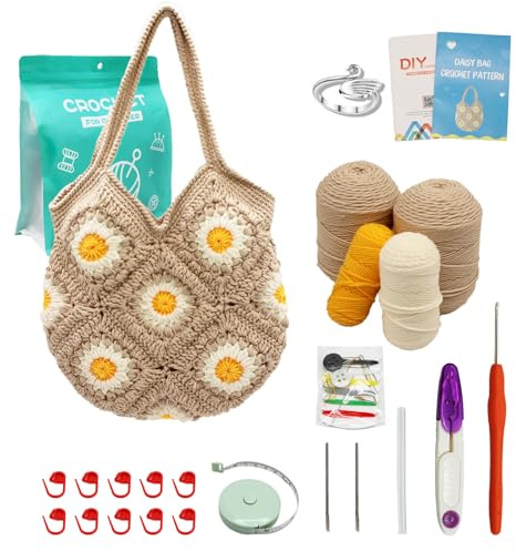 Uongeod Granny Square Crochet Kit for Beginners Daisy Crochet Bag Kit Tote Bag DIY Knitting Kits of Daisy Tote Bag with Step-by-Step Video Tutorials Crochet Kit Beginners for Adults and Kids