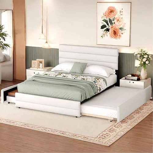 Sapgaks Cama de matrimonio de 140 x 200 cm, cama doble con canapé, con cama nido para dos personas (beige)