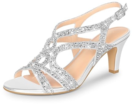 PIZZ ANNU Amelia Sandalias Mujer Verano Comodas Tacon Kitten, Zapatos Fiesta Destalonados Ideales para Boda y Ceremonia, Punta Abierta con Brillantes Tacones Elegantes Plateado EU 40