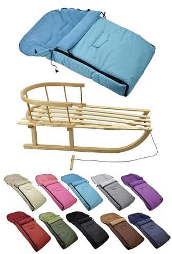 Kombi-erbjudande [träsläde universell vinteråkpåse 90 cm] kälke med ryggstöd och dragrep, fotsäck, lämplig för babystol, barnvagn, buggy med termofleece (turkos)