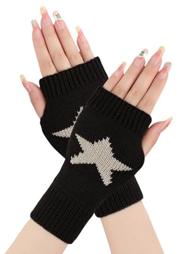 OTKARXUS Fingerless Gloves for Women,1 Pair Wrist Warmers Winter Warm Half Fingerless Gloves with Thumb Hole,Knitted Star Fingerless Mittens for Christmas Girls Ladies Gifts (Black)