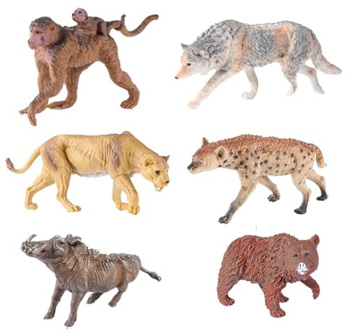 AENIMELY Figure di Animali Selvatici 6 pz Hollow Jungle Animals Set con Monkey Cub, Gray Wolf, Lion, Hyena, Warthog, Brown Bear Giocattoli Educativi, Cake Toppers, Regali per Bambini