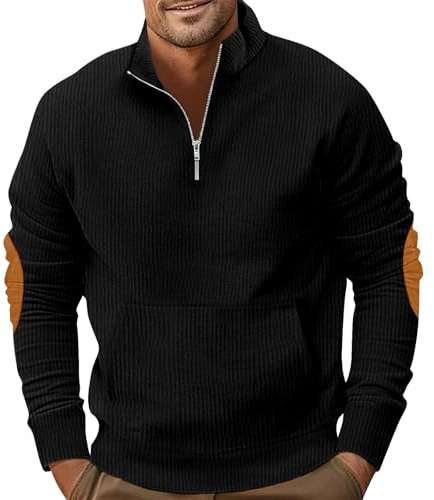 PRIVIMIX Sweat Homme Col Zippé Pull sans Capuche Sweatshirt Velours Côtelé avec Poche Kangourou, Noir, M