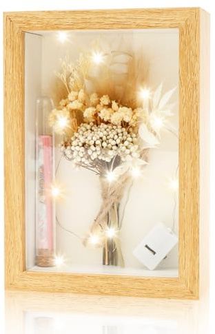 Cadre photo 3D en bois à remplir - 12 x 17 cm - Avec tube à essai - Fleur séchée - Barre lumineuse pour Saint-Valentin, anniversaire, mariage