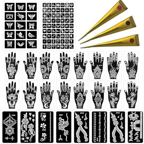 Henna tatueringsset, 3 x henna färg fräknar kon brun svart röd, 102 henna tatueringsmallar för tillfälliga tatueringar kroppskonst