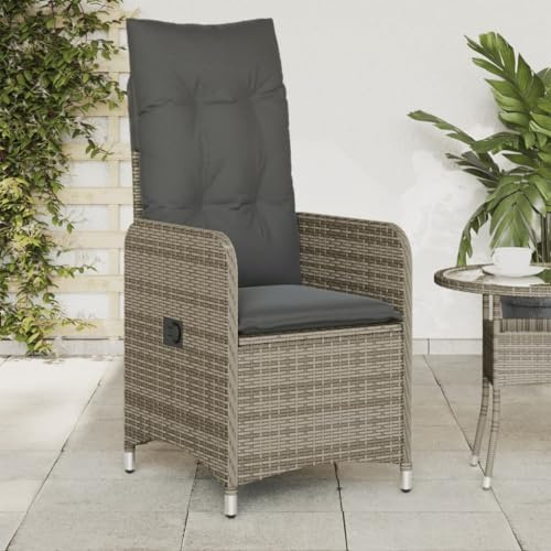 HaoChrymec Fauteuil de Jardin Réglable avec Coussin, Chaise d'Extérieur en Polyrotin Gris, Dossier Inclinable, Structure Acier, pour Terrasse et Jardin, Capacité 110 kg, 54.5 x 58.5 x 92 cm