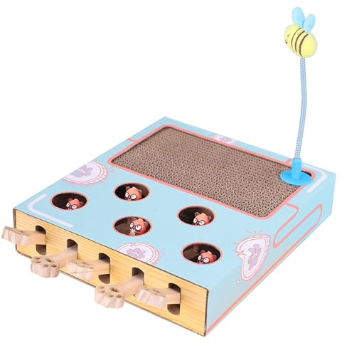 Générique Jouet interactif pour Chat à gratter – Puzzle en Bois, Planche d'activité 3 en 1, Jeu de Capture de Souris Solide à 5 Trous | pour Les Chats d'intérieur, Jeu Actif