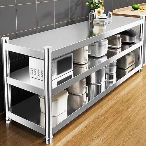 Tung du inless förberedelsebord i stål – köksö med 3 nivåer, metallarbetsbord och sidoställ i mikrovågsugn (70 x 35 x 80 cm) – perfekt för hem och kommersiellt bruk