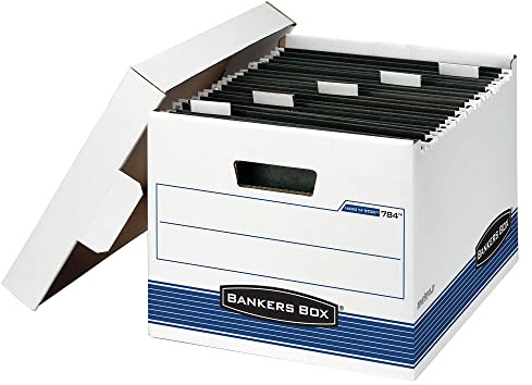 BANKERS BOX HANG'N'STOR Medium-Duty Storage Boxes, FastFold, Lift-Off Lid, Letter, 4 Pack (00784), Blue;White