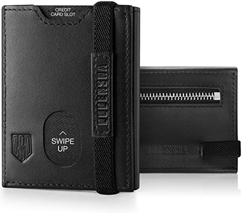 DODENSHA Billetera de Piel para Hombre con Bolsillo para Monedas, 2 Compartimentos para Billetes, Ventana para Tarjeta de identificación, Correa elástica, Marrón, Negro