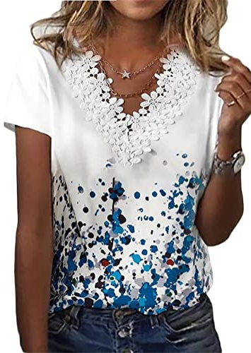 Onsoyours Donna Estiva T-Shirt Scollo a V Pizzo Tunica Manica Corta Elegante Stampata Casuale Top Bluse Basic A Bianco M