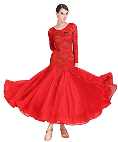 kzytamz Costumi da Concorso per Abiti da Ballo Standard Nazionali Abito da Valzer Moderno da Donna in Pizzo con Prospettiva Abiti da Ballo Flamenco Dress Vestito di Performance (M,Red)