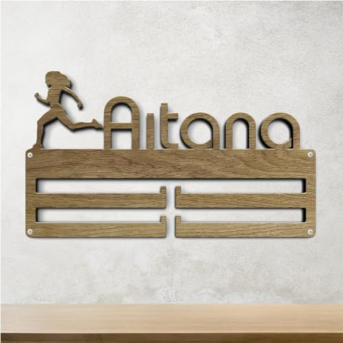 EVYRE | Medallero Personalizado De Madera – Colgador De Medallas Con Nombres De Madera Personalizados | Organizador De Medallas Ideal Como Regalo Para Deportistas | Colgador Medallas ATLETISMO