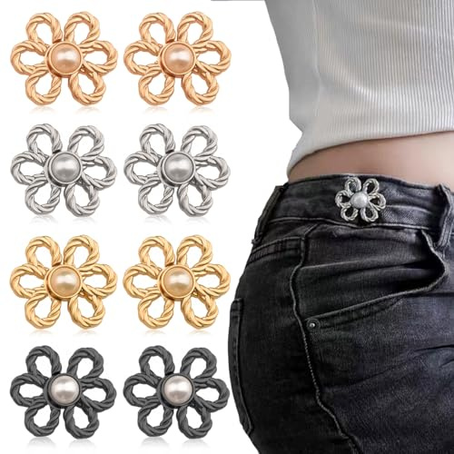 Ainvhh 8 Sets Flower Jeans Button Pant Waist Tightener, Adjustable Waist Buckle Sets No Sew and No Tools Detachable Decorative Waist Buckles, Jean Buttons Pins for Loose Jeans, Pants, Skirts, Sleeves