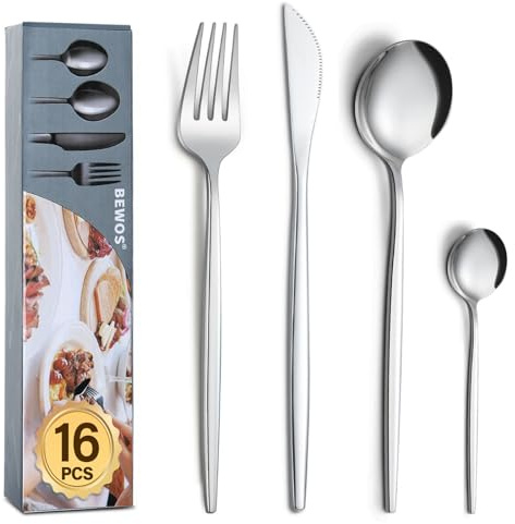 BEWOS 16 Piece Cutlery Set for 4, Cutlery Includes Forks, Steak Knives and Spoons, Dishwasher Safe Tableware for Home Restaurants, Knife and Fork Sets Food-Grade Stainless Steel, Silverware 16P