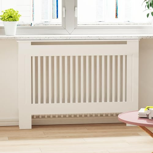 FATIVO Cache-radiateur haut en bois : hauteur intérieure 100 cm, couverture de chauffage blanc moyen, lattes verticales, étagère de radiateur moderne haute étagère de radiateur en bois MDF épais pour