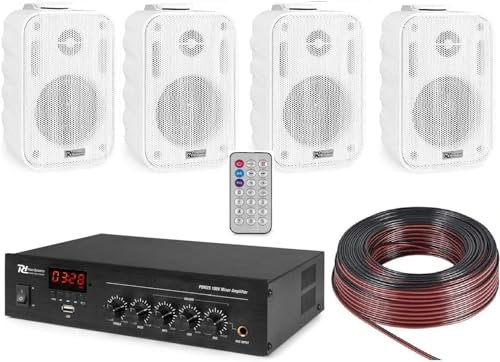 KIT AUDIO FILODIFFUSIONE BLUETOOTH CON 4 O 6 CASSE AUDIO DA PARETE COMPLETE DI STAFFE (4 CASSE BIANCHE)