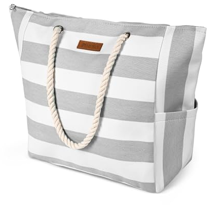 HEYO Strandtasche Damen Große Badetasche mit Reißverschluss Freizeittasche Sommer Tasche Gestreift Shopper Bag Einkaufstasche XXL (Grau)