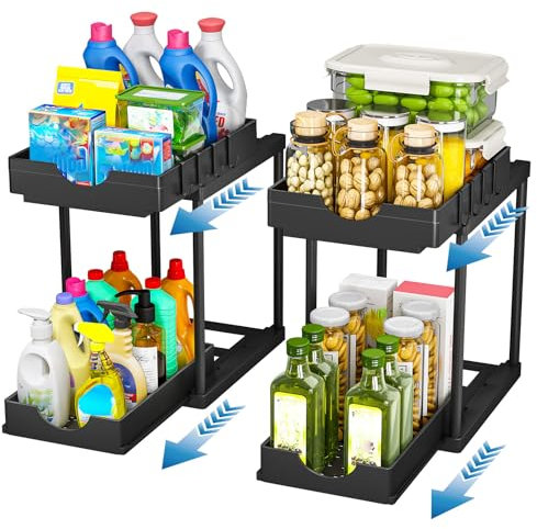 StowBin Küchen Organizer, 2 Pack Unter Waschbecken Regal mit 4 Haken, Spülschrank Organisation, Badezimmer Organizer, Schrank Organisation, Ordnungssystem für Küche