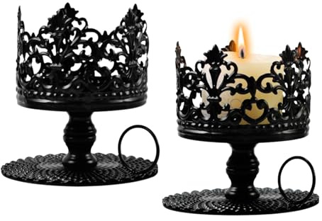 Dzmuero Candle Holders, Candelabra, Iron Crown Candle Holder Set of 2, Metal Black Pillar Candleholders for Table Candlestick Holders for Dinner Room Tabletop, Home Decoration, Indoor, Outdoor Decor
