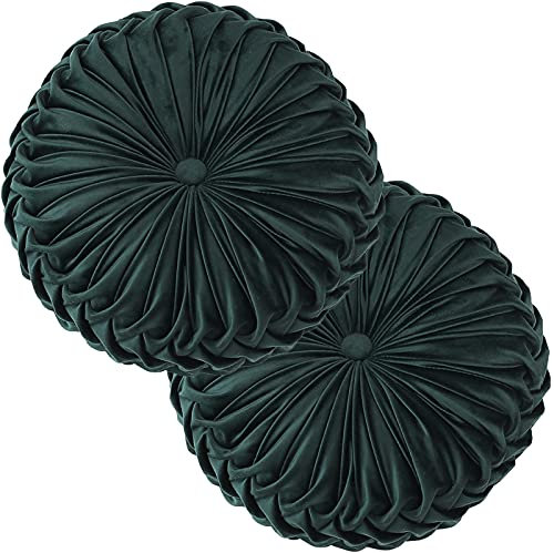 2-pack runda golvkuddar 38 cm enfärgad sammetspumpa prydnadskuddar för barn/vuxna hem säng bildekor tjock tuftad sittkudde mörkgrön