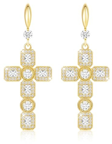 Linawe Pendientes colgantes en forma de cruz, pendientes para mujer en plata y oro, pendientes de joyería de moda, pendientes con forma de cruz con diamantes de imitación y piedra natal de moissanita
