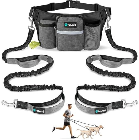 PetAmi Premium Hands Free Dog Leash for 2 Dogs, Adjustable Waist Belt Leash for Dog Walking, Fanny Pack Accessories Bag Dual Bungee Leash for Running, Hiking, Jogging, Biking, Charcoal Grey