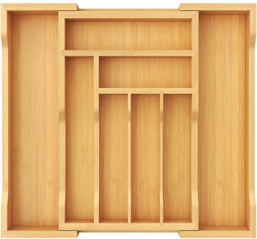 Lifewit couverts pour tiroirs - Profondeur : 33 cm - Extensible jusqu'à 42 cm de large - Organiseur de tiroir - Porte-couverts en bambou