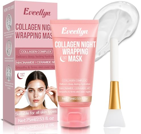 Maschera Collagene Viso, 75 ml Collagen Night Wrapping Mask, Idratazione Profonda, Riduce le Rughe e Migliora l'elasticità Della Pelle, Adatta a Tutti i Tipi di Pelle (Pennello Incluso)
