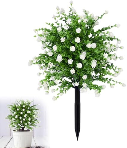 Artificial Spherical Boxwood Trees with Flowers, Outdoor Fake Plants with Ground Spike, Faux Greenery Shrubs Faux Plants for Front Door, Garden, Yard, Patio & Porch Decor (White,1pc)