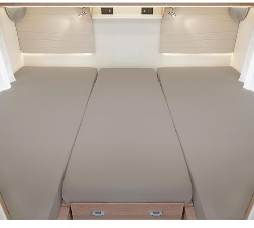 G BETTWARENSHOP – Spannbettlaken für Wohnmobile & Wohnwagen – Spannbetttuch Set 3-teilig für 2 Längsbetten + Mittelteil – Jersey Bettlaken für Heckbetten 2 Längsbetten + Mittelteil, Kiesel