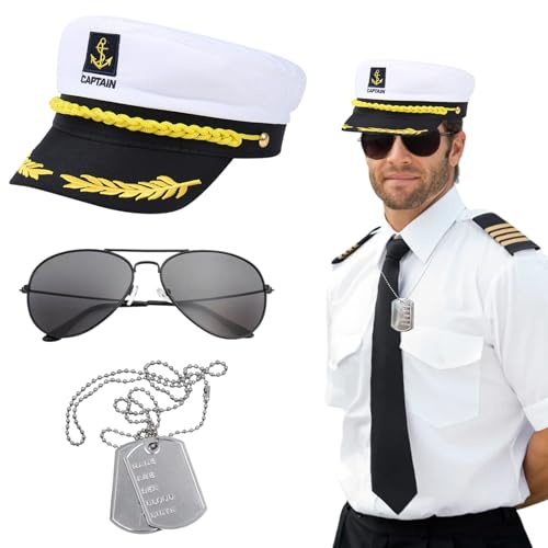 SAIIURV 3-pack kapten kostym tjusigt tillbehör, yachtkapten hatt seglare skepp keps med guld broderat ankare och hundtaggar solglasögon, nautisk marin marinblå outfit för vuxna cosplay fest festival
