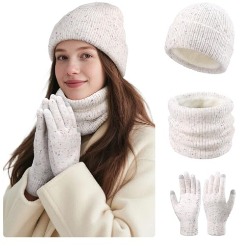 OZERO Winter Hat Scarf Gloves Set, Wool Fleece Knitted Beanie Hat Touch Screen Gloves Circle Scarves Warm Thermal Winter Gifts Set for Women/Ladies/Girl
