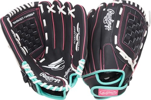 Rawlings | Sure Catch Youth Series Softball Glove | 12 | Right Hand Throw | Black/Mint/Pink