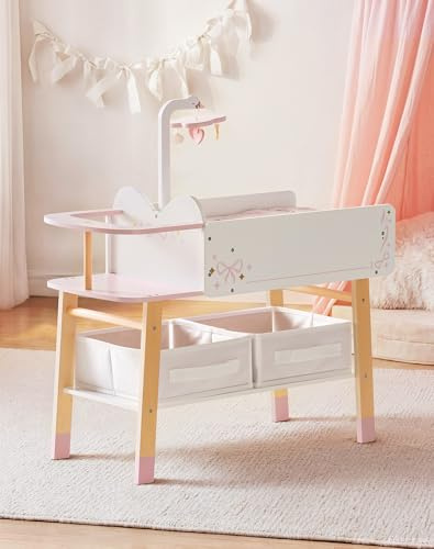 ROBOTIME Cambiador de muñecas de madera, cambiador de muñecas con cajón de almacenamiento, cuna, lavabo, trona, ropa de cama, muebles para muñecas de menos de 18 pulgadas, serie Ballet Fairy - Rosa